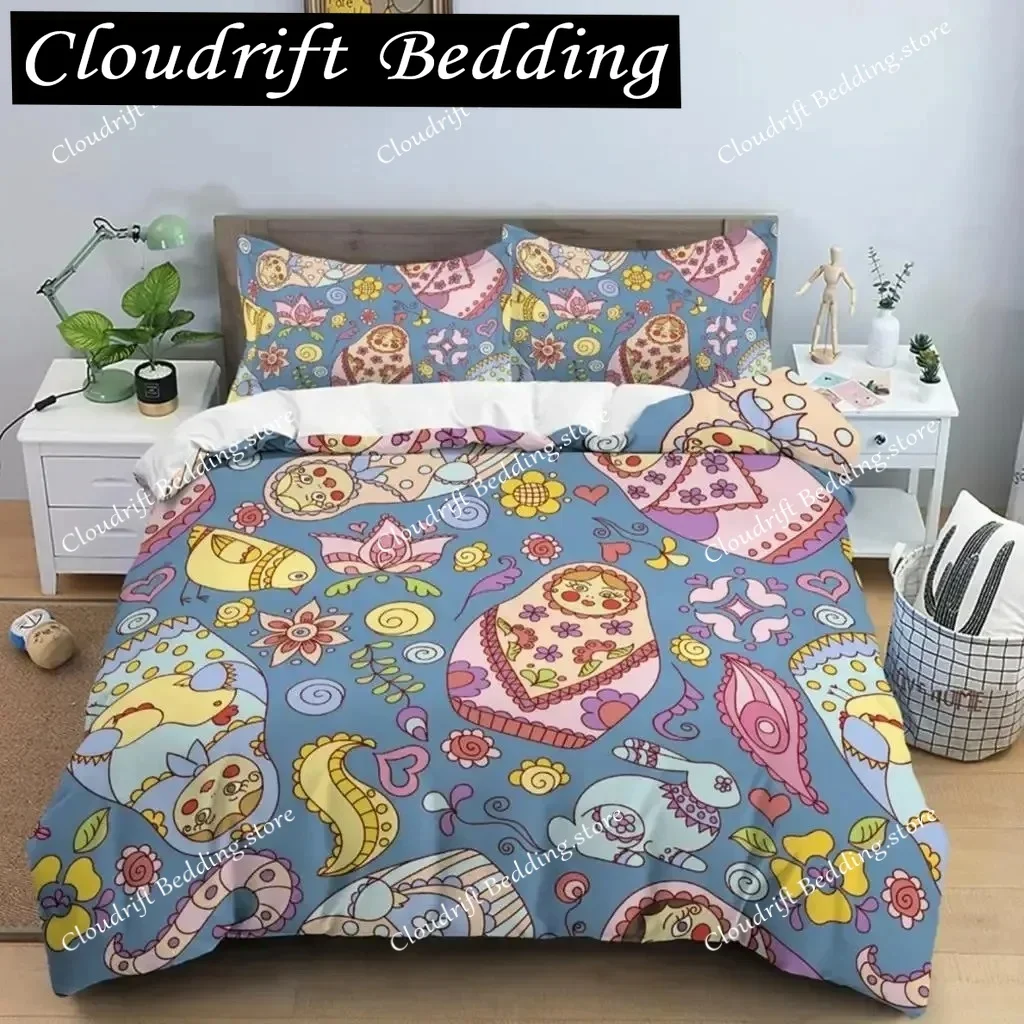 

Cute Russian Dolls Duvet Cover Set Microfiber Comforter Cover Exotic Style Bedding Set for Kids Teen Double Queen King Size