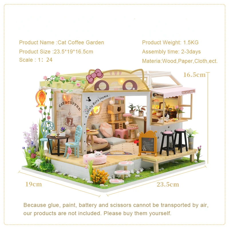 New DIY Wooden Dollhouse Kits Miniature With Furniture Cute Cats Coffee Home Casa Dollhouse Assembled Toys For Girls Gifts