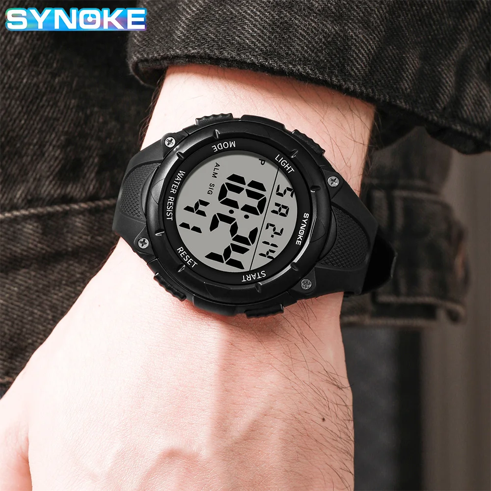 SYNOKE Watch Waterproof Shock Resistant Outdoor Sports Multifunctional Large Screen Display Luminous LED Digital Watch For Men