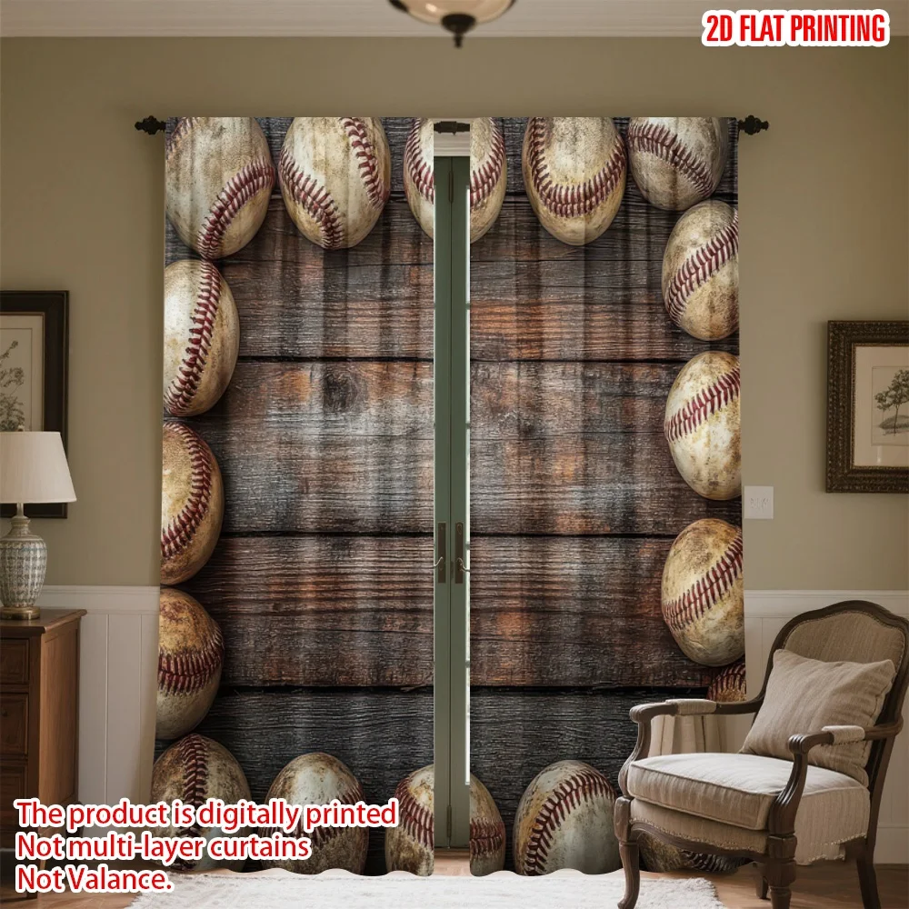 

2D flat printing 2pcs Party Window Curtains Baseballs on Wooden Digital Printed Polyester Drapes Family Party Use for Home &