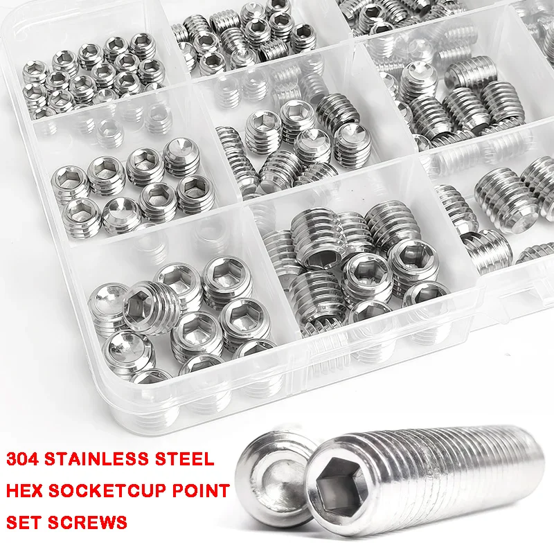 

304 Stainless Steel Cup Point Set Screws Kit, Hex Socket Allen Key Grub Screws Assortment , M3 M4 M5 M6 M8 M10 Sizes, DIN 916
