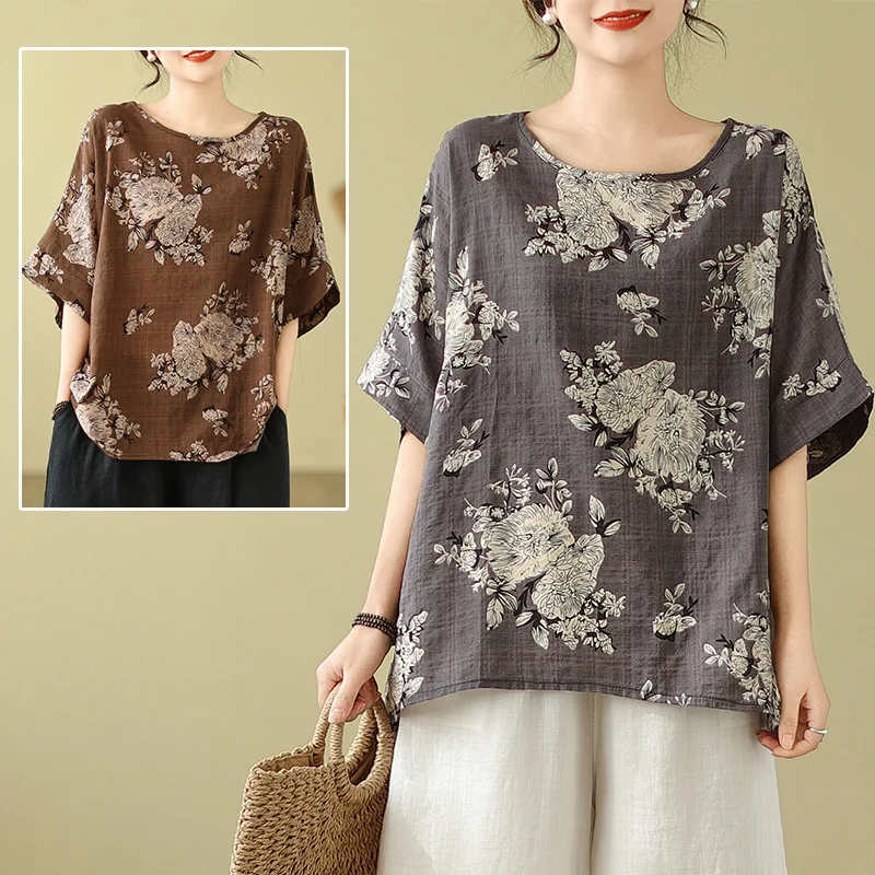 Large Size Female Summer 2024 Round Neck Short Sleeved Loose Printing T-shirt Bat Sleeve Casual Comfortable Affordable Tops