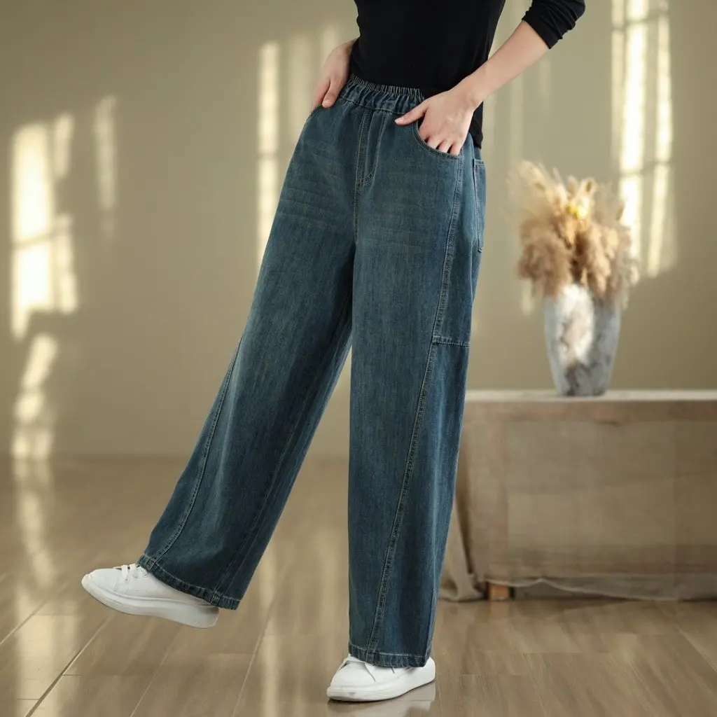 

Женские свободные джинсы для похудения с высокой талией, весенне-осенние новые легкие широкие брюки больших размеров, удобная посадка