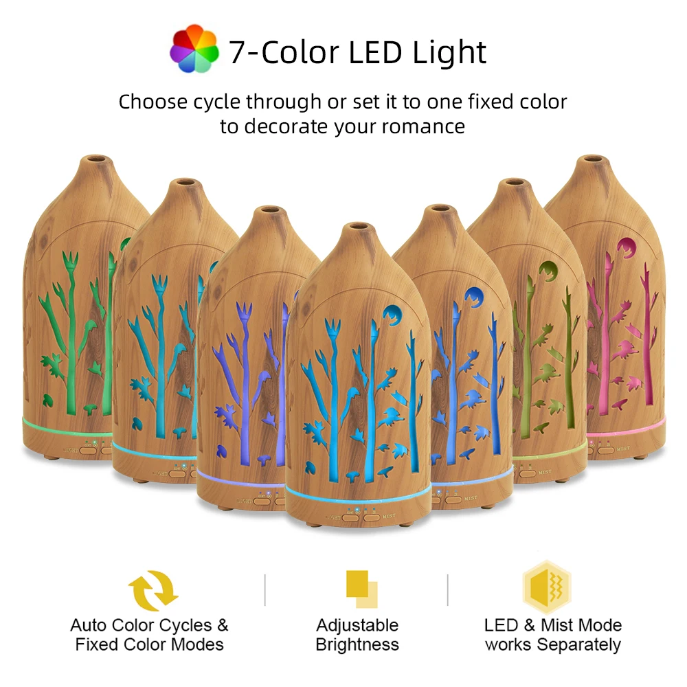 

7 Color LED Diffuser 3 Essential Oils Auto Shut Off, Ultra Quiet, Stylish Hollow Design