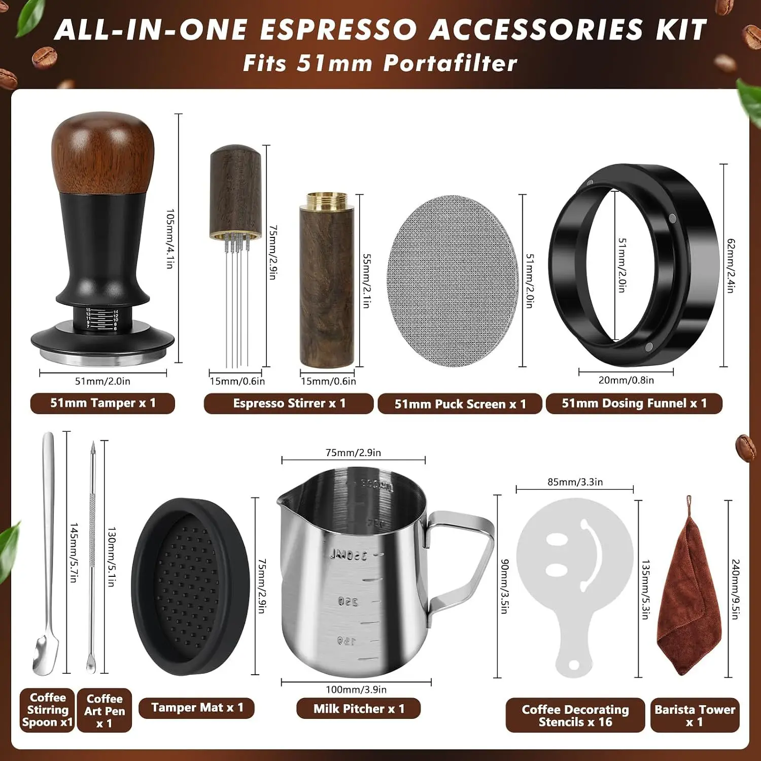 Walnut 10-Piece Espresso Set - Spring Tamper & WDT Tool with Dosing Funnel & Pitcher, Barista Kit for 51/58mm Portafilter