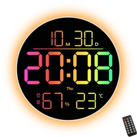 10 Inch Round RGB LED Digital Wall Clock with Color Changing&Remote Control Ambient Light Electronic Thermometer Alarm Clock