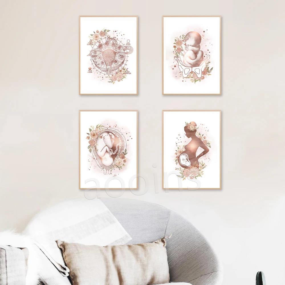 Pregnancy Fetus With Flowers Art Prints Medical Education Posters Female Uterus Pelvis Skeleton Canvas Painting Office Decor