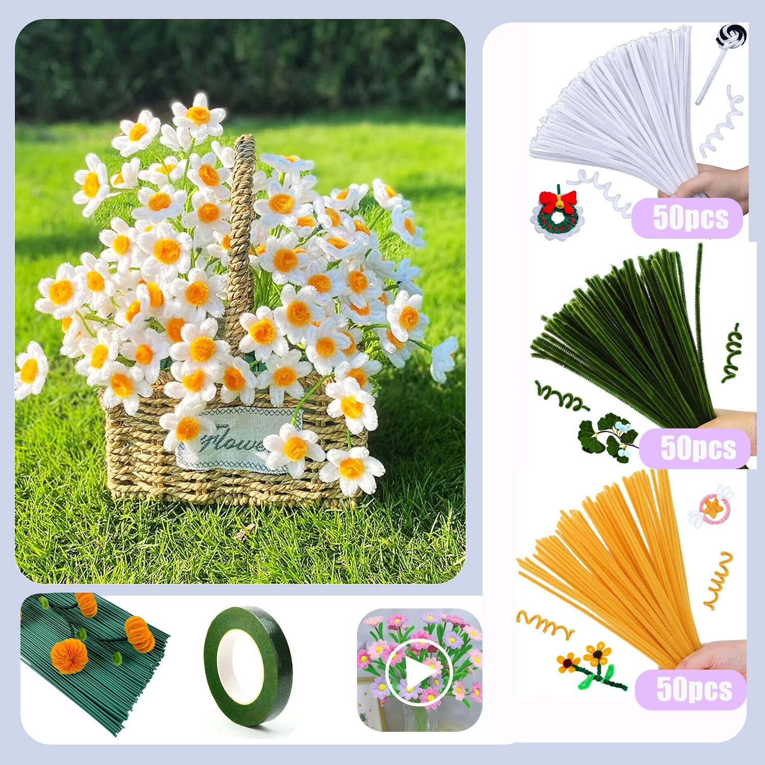 162/272Pcs Daisy Pipe Cleaner Craft Kit DIY Flower Bouquet Material Pack with Tutorial Card Beginner Friendly Holiday Party Art