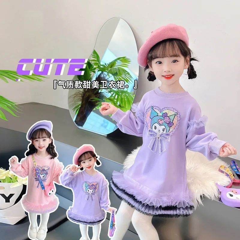 

Kuromi Anime Kawaii Sanrio Girly Long Sleeve Hooded Dress Cute Cartoon Sweet Y2k Ins Shirt Skirt Clothing Gifts for Kids