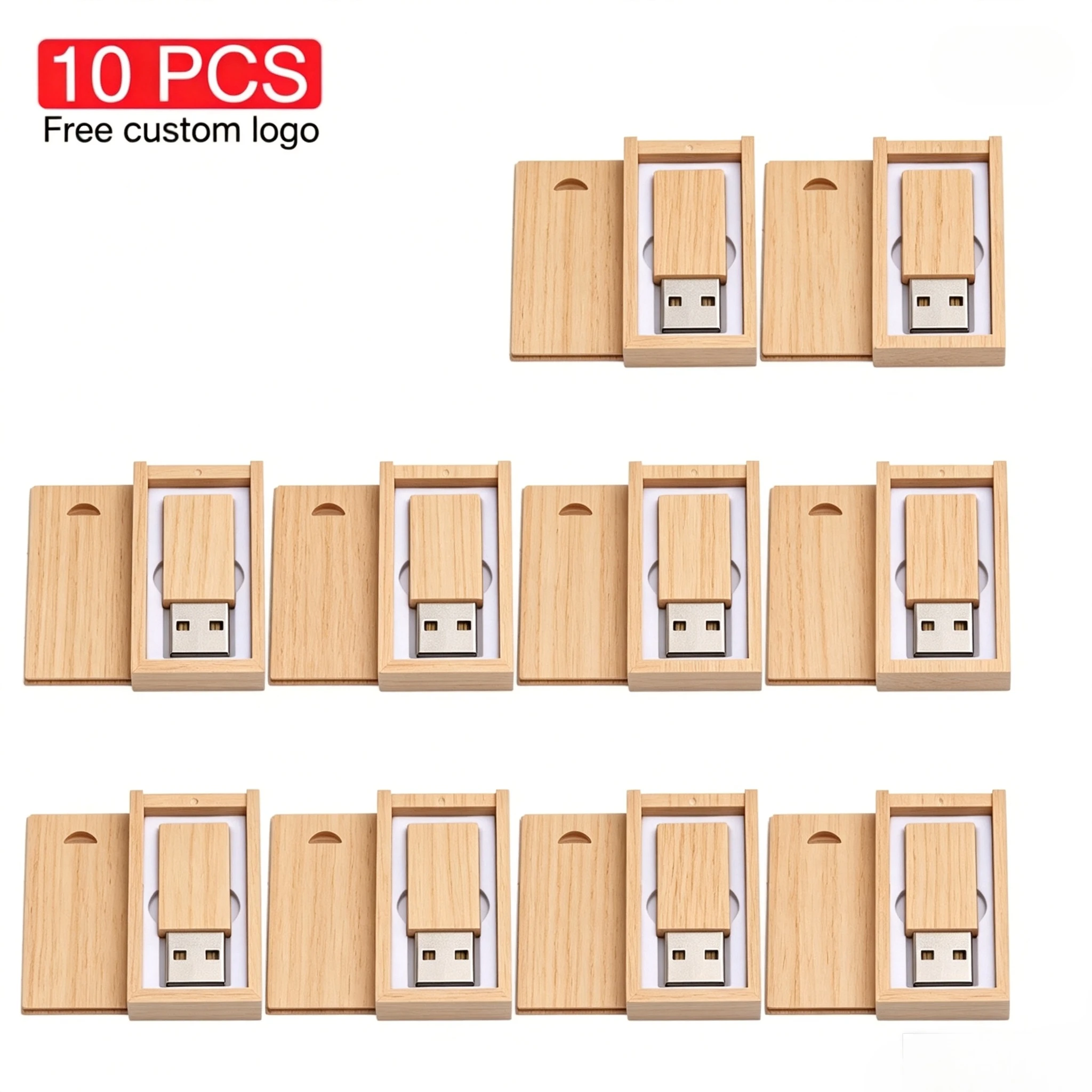 10PCS/LOT USB 2.0 Flash Drives 128GB Wood Box Pen Drive 64GB Free Custom Logo Creative Wedding Gift Memory Stick 32GB Pendrive