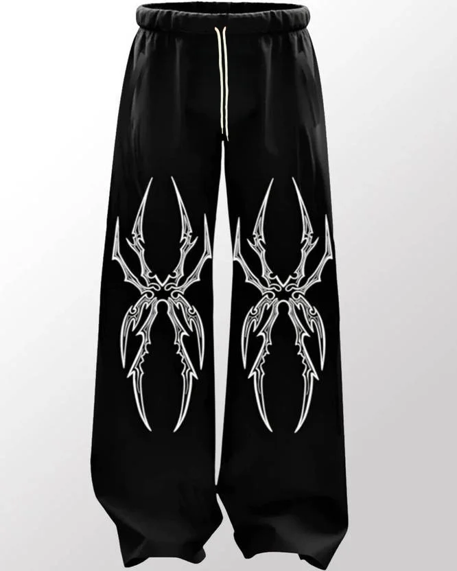 Unisex Y2K Streetwear 3D Tribal Spider Pattern Print Quick Dry Straight Pants Elastic Drawstring Waist Black Punk Trousers