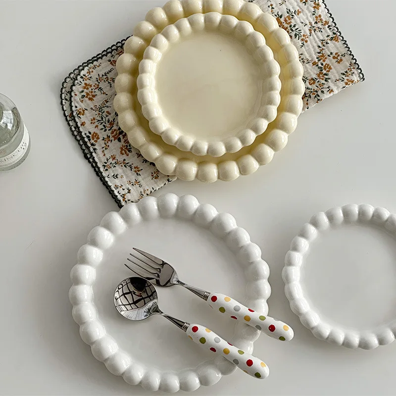 Ins Style Beaded Dessert Plate French Western Food Plate Ceramic Breakfast Plate Ornaments Poses Ceramic Dishes