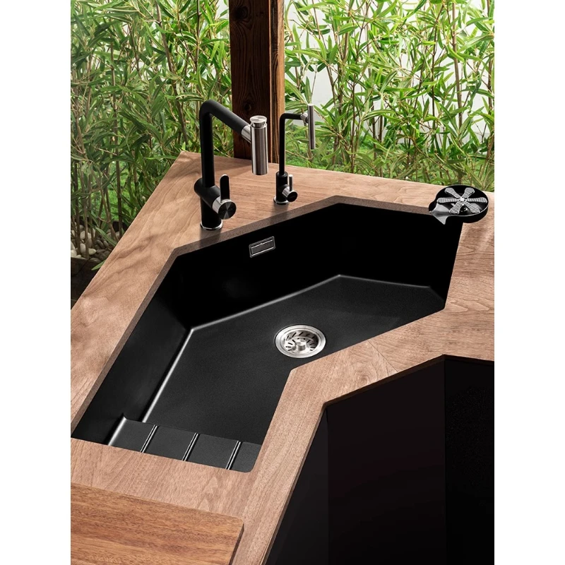 Corner diamond shaped sink, large single slot kitchen, irregular granite dishwashing sink