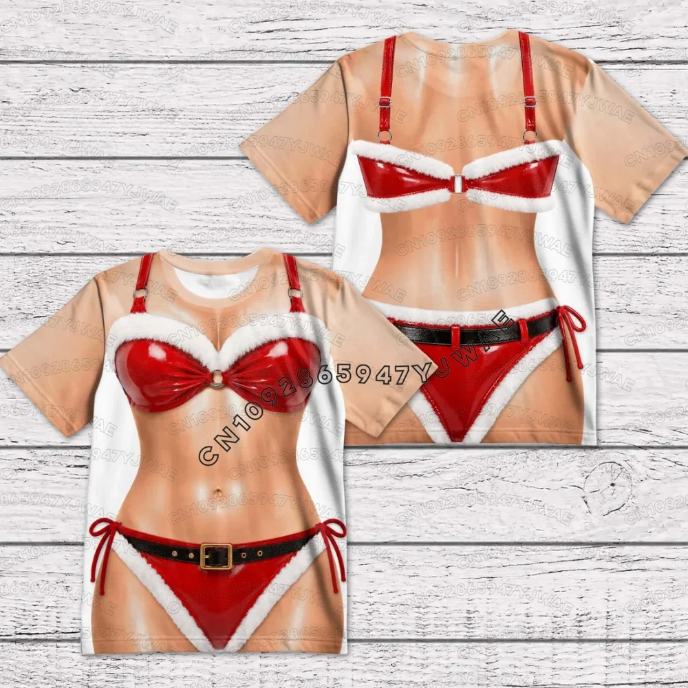 2026 Winter Men Women Couple Christmas Bikini Pictures Men's T-Shirts Trend Digital Print Casual Round Neck Short Sleeved Tops