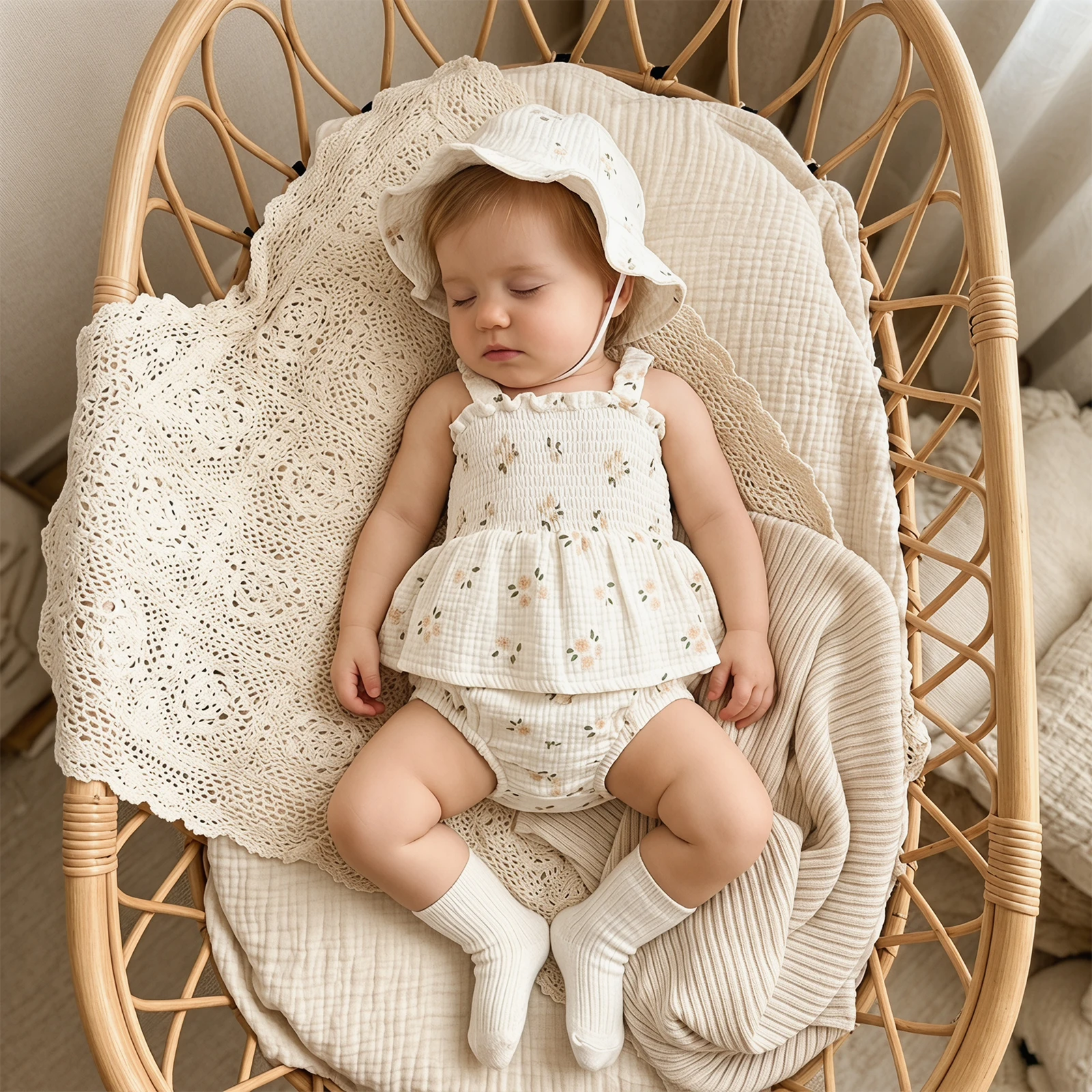 2026 Summer New Infant Baby Girl Rompers with Hat Outfit Sleeveless Square Neck Floral Print Smocked Romper Dress Sun Hat Set