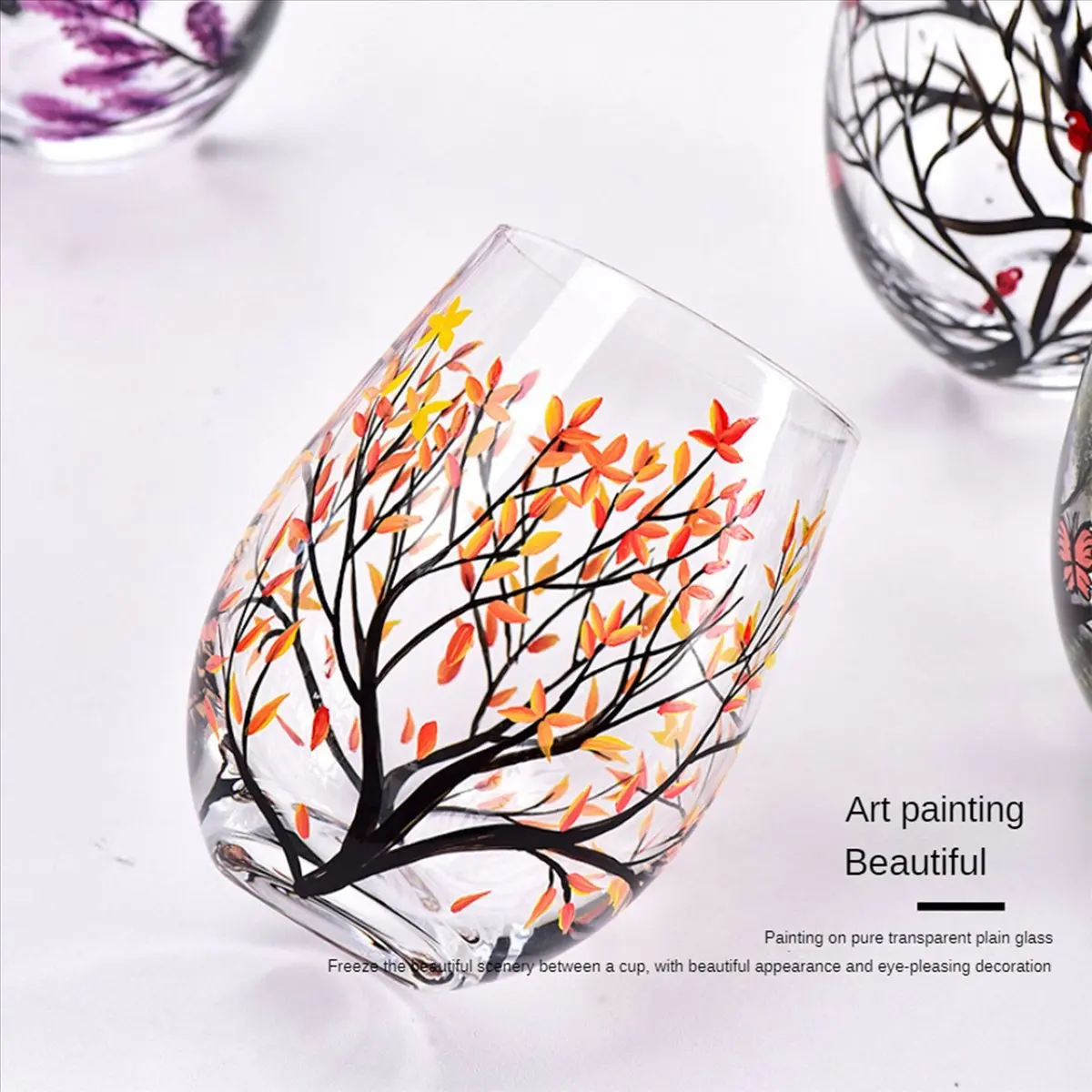 ABFS 1Pcs HOT-Autumn Tree Wine Glass - Fall Colors - Leaves of Red, Yellow, Orange - Hand Painted - Fall Leaf