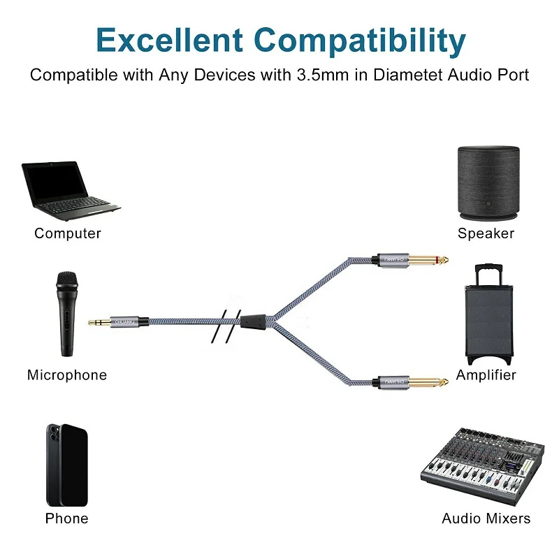 Lungfish 3.5mm jack, dual 6.3mm mono Y audio Cabell, 3.5mm stereo jack, 2 x 6.35mm jack, suitable for speakers, MP3, etc