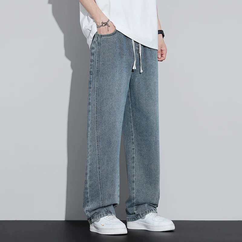 Vintage Trendy Baggy Jeans Men's Streetwear Elastic Waist Straight Loose Wide-leg Pants Washed Casual Oversize Denim Trousers