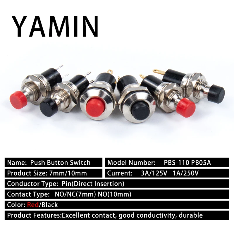 5mm/7mm/10mm With Wire Mini Round Self-Lock/Momentary Push Button Switch FBS-110 1NO1NC Black Red 3A/125V 1A/250V