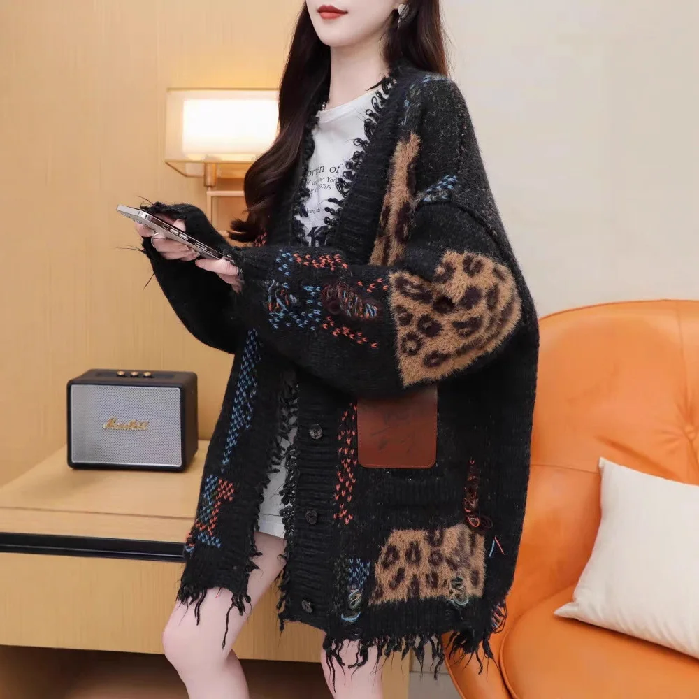 Women's New Patchwork Leopard Print Loose Lazy Style Knitted Cardigan Sweater Slim Fit Elegant Comfort Casual Commute Outerwear