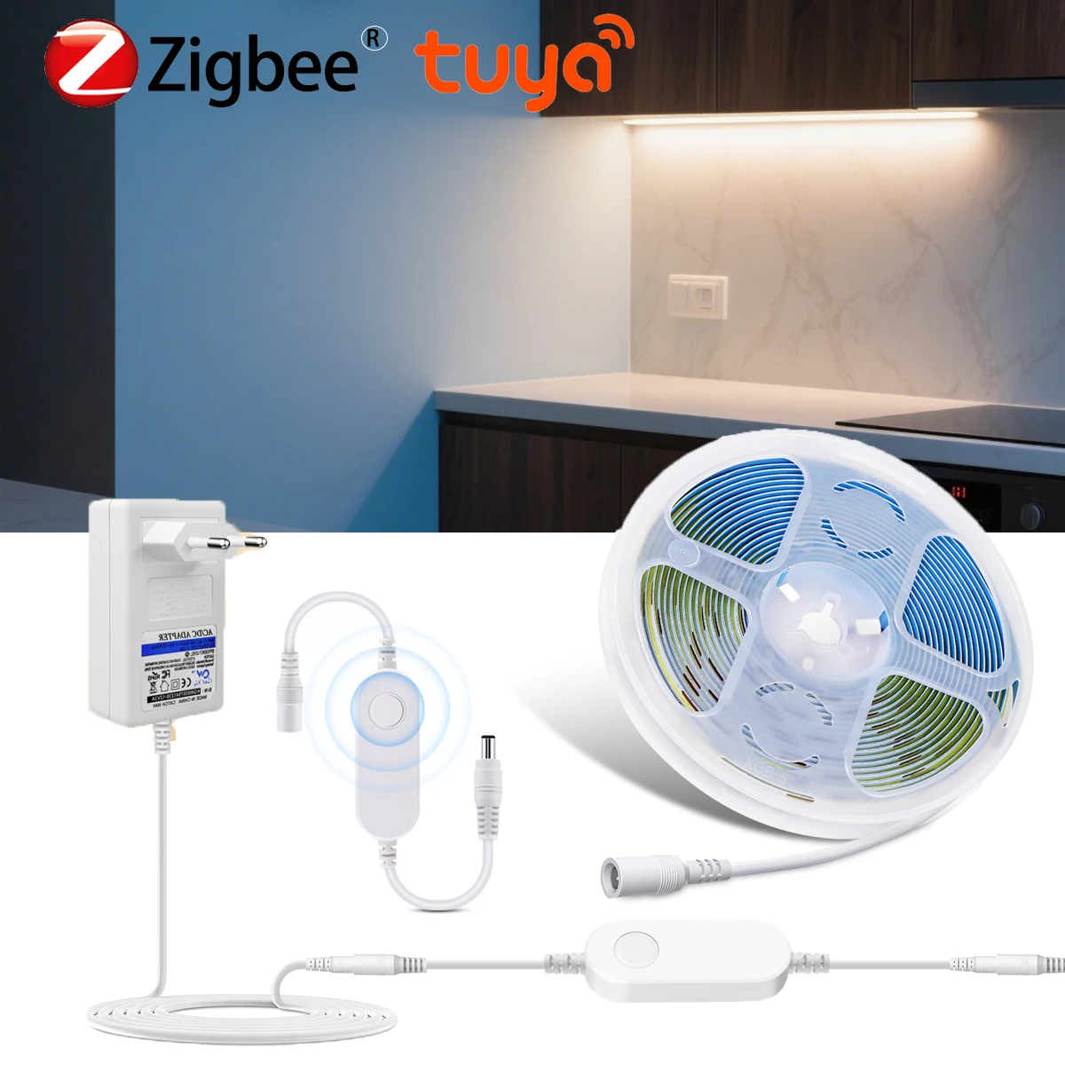 Tuya Zigbee COB LED Strip 12V 1m-5m APP Control Dimmable Tape Lamp Night Light Room Decor For Alexa Google SmartThings