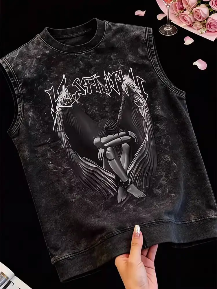

Gothic Punk Vest Man 2026 Summer American Street Vintage Washed Angel Print Sleeveless Tank Tops For Men Casual Hip Hop Top