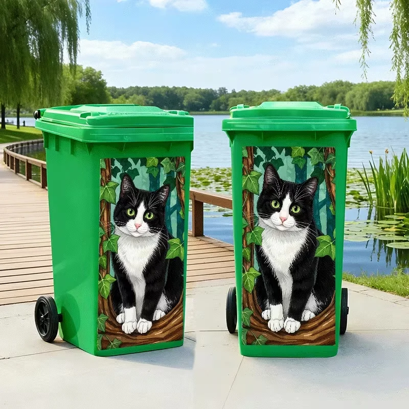 【 2D Print 】 1 Garbage Can Sticker Cute Cat Stares in the Forest, Wall Stickers Kitchen Garbage Can Decoration
