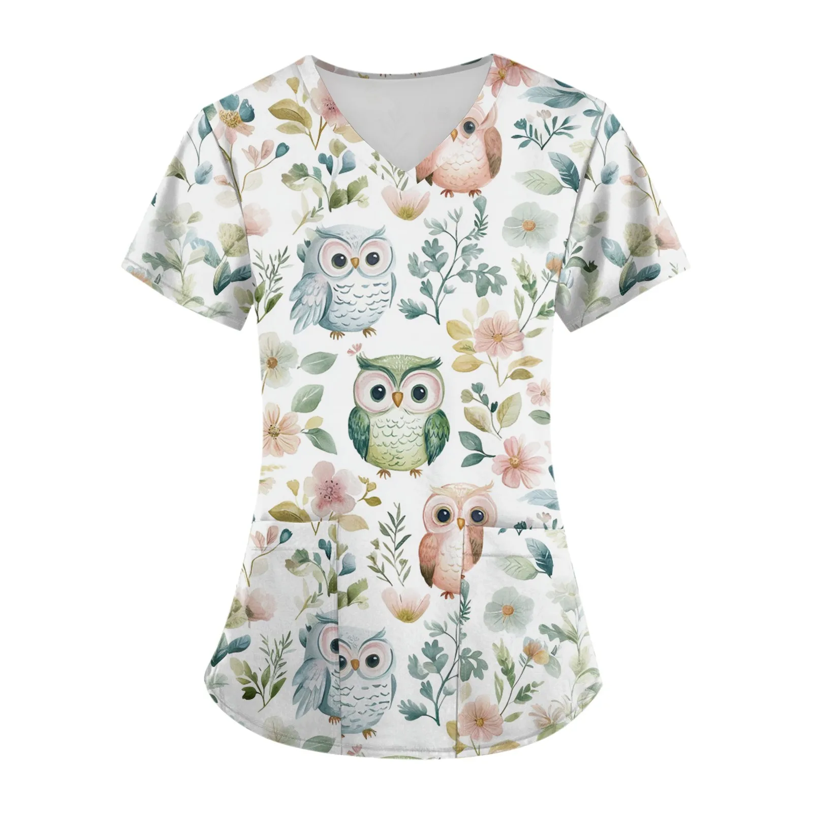 Women'S Casual Nurse Uniform Cute Small Animal Cartoon Print Loose V-Neck Pocket Short-Sleeved Top Soft And Breathable