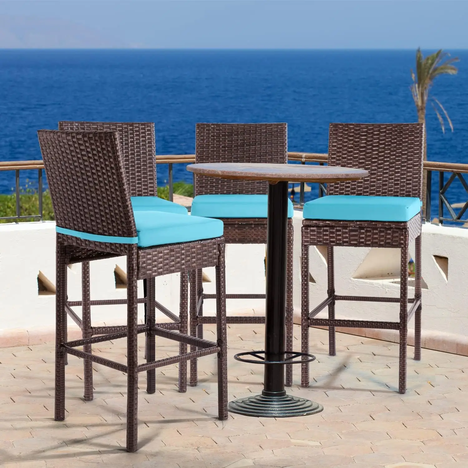 Patio Stools & Bar Chairs Set of 4 Wicker Woven Outdoor Bar Stools Bar Height Chairs High Back with Footrest Armless Cushion Blu