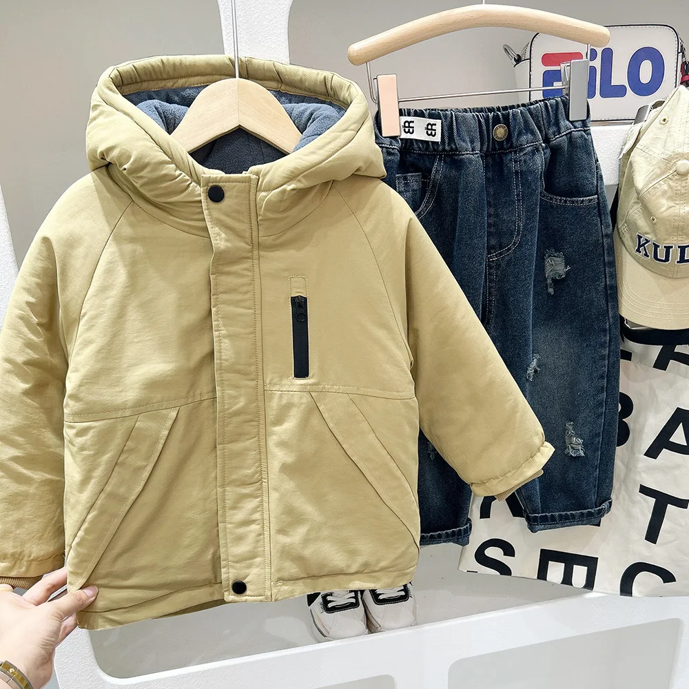 Boys Padded Coat Winter Thicken Down Jacket 2026 New Fashion Casual Fleece-Lined Parkas Children Solid Color Hooded Outwears