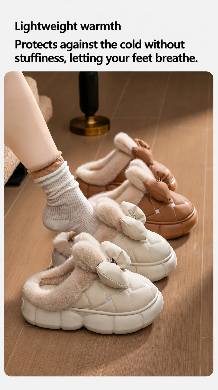 Winterliche, dicke Hausschuhe mit Plateausohle für Damen und Herren, 4 cm, weiche Sohle, flauschig, mit Schleife, warme Baumwollschuhe, rutschfest, für den Innenbereich, Freizeit- und Hausschuhe. – Detail 6