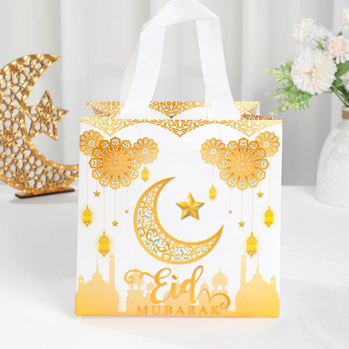 4/12/16Pcs Eid Mubarak Gift Bag Ramadan Kareem Nonwoven Pouch Cookie Candy Packaging Bags Muslim Islamic Ramadan Party Supplies