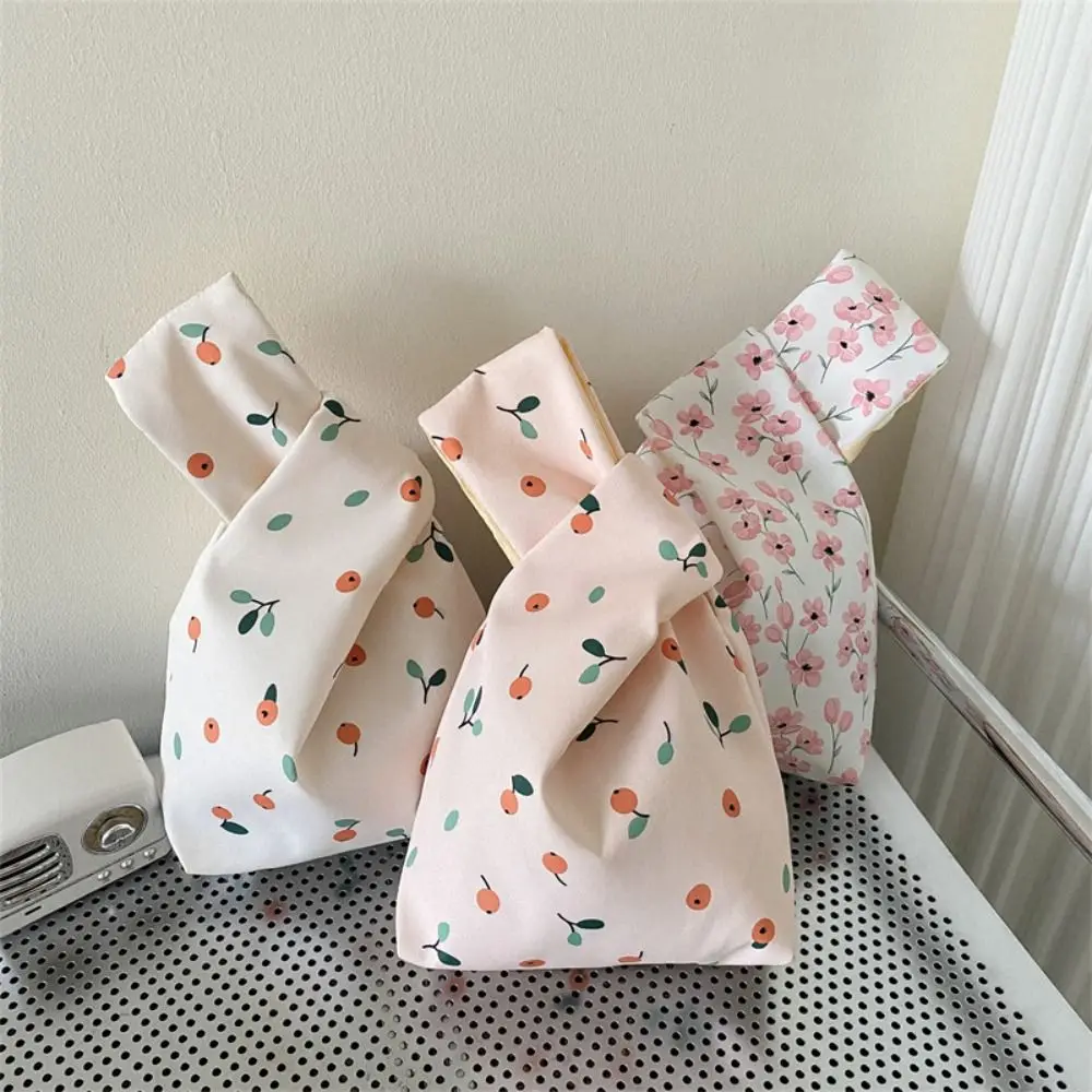 

Portable Canvas Knot Wrist Bag Key Pouch Light Weight Mini Handbag Flower Pattern Shopping Bag Women Girls
