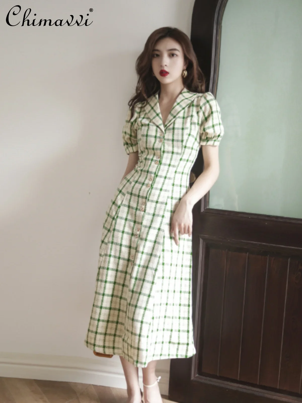 

French Elegant Retro V-neck Short Sleeve Single-breasted High Waist Slim Fit A-line Casual Plaid Long Shirt Dress Women Summer