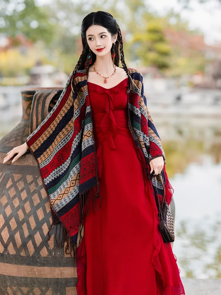 

Fashionable and stylish red embroidered long dress for women's vacation photos
