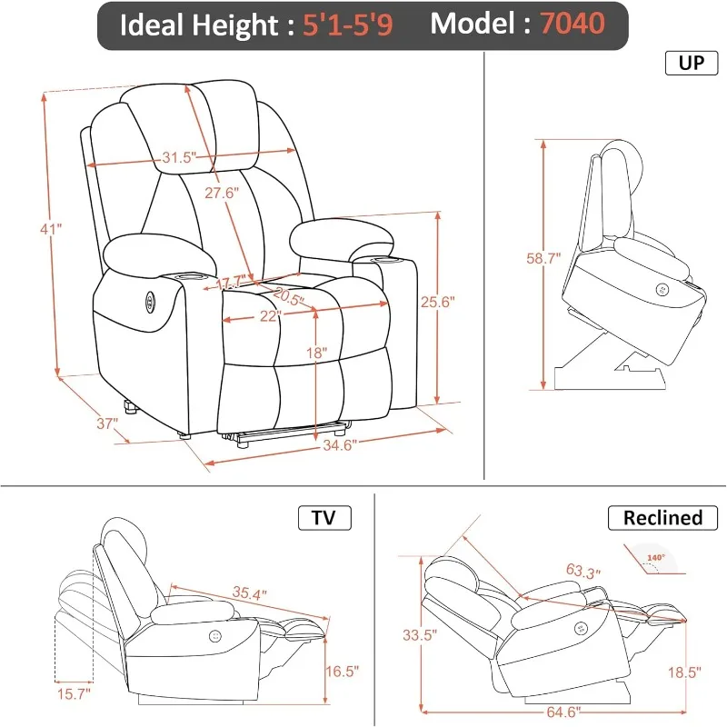 Electric Power Lift Recliner Chair Sofa with Massage and Heat for Elderly, and Cup Holders, USB Ports, (Dark Brown, Medium)