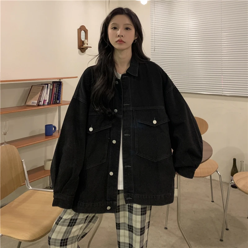 

Denim Jackets Women Trendy Korean Style OL All-match Long Sleeve Washed Students Single Breasted Leisure Tops Autumn New Loose