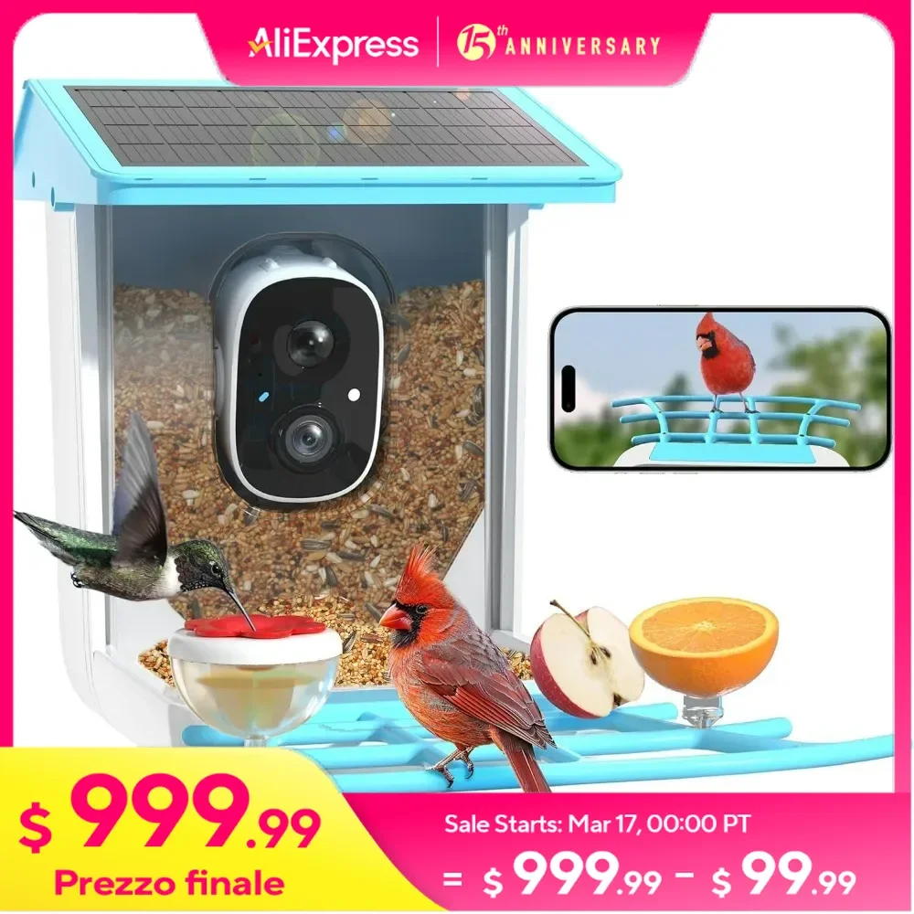 

Solar Bird Feeder with Camera, 1296P HD AI Identify Smart Bird Feeder Outdoor Camera Wireless Wild Bird Feeder