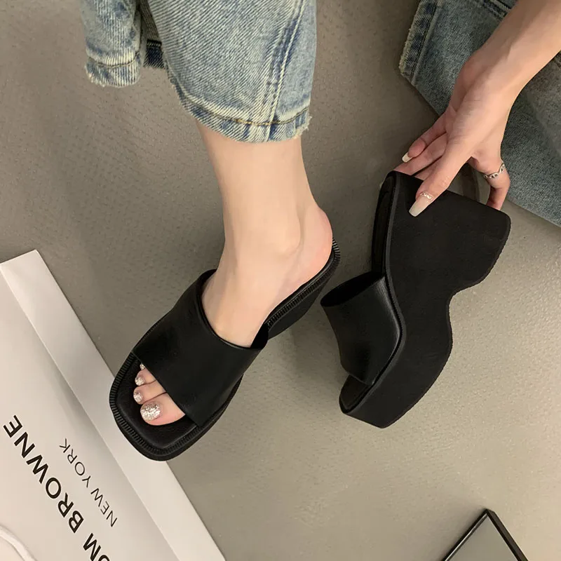 11cm Chunky Heeled Sandals 5cm Platform Wedges Gold Slippers Womens Casual Block High Heels Summer Shoes Black Sandalias Mujer