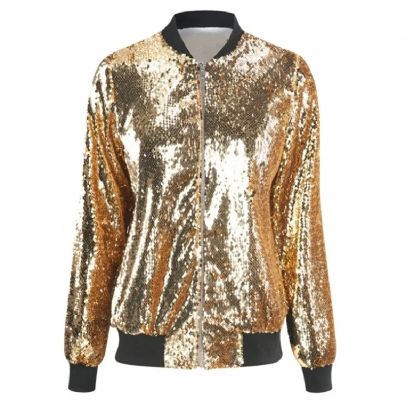 Women Plus Size Sequin Baseball Jacket Loose Shiny Sequins Bomber Coat Autumn Long Sleeve Streetwear Outerwear