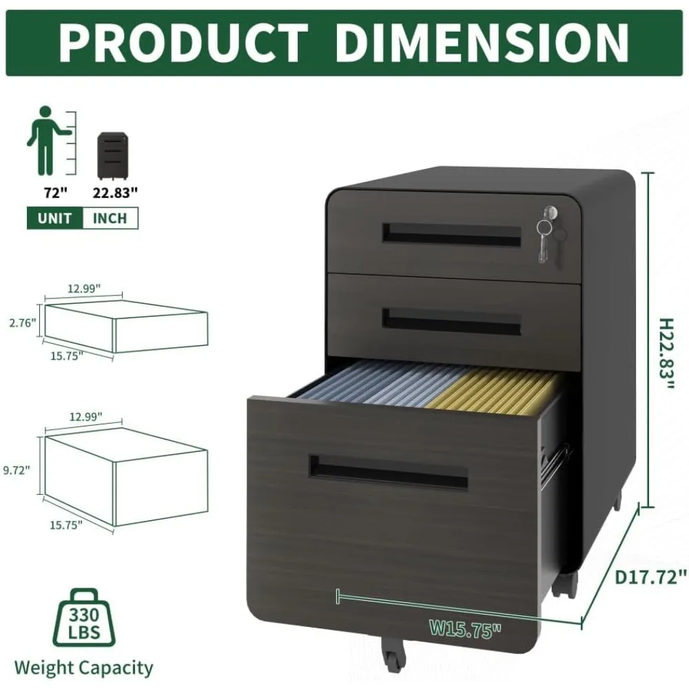 خزانة ملفات متنقلة ذات 3 أدراج من الفولاذ بالكامل مع قفل، وحدة تخزين معدنية شديدة التحمل للمنزل والمكتب، مجمعة بالكامل، تحمل ملفات A4