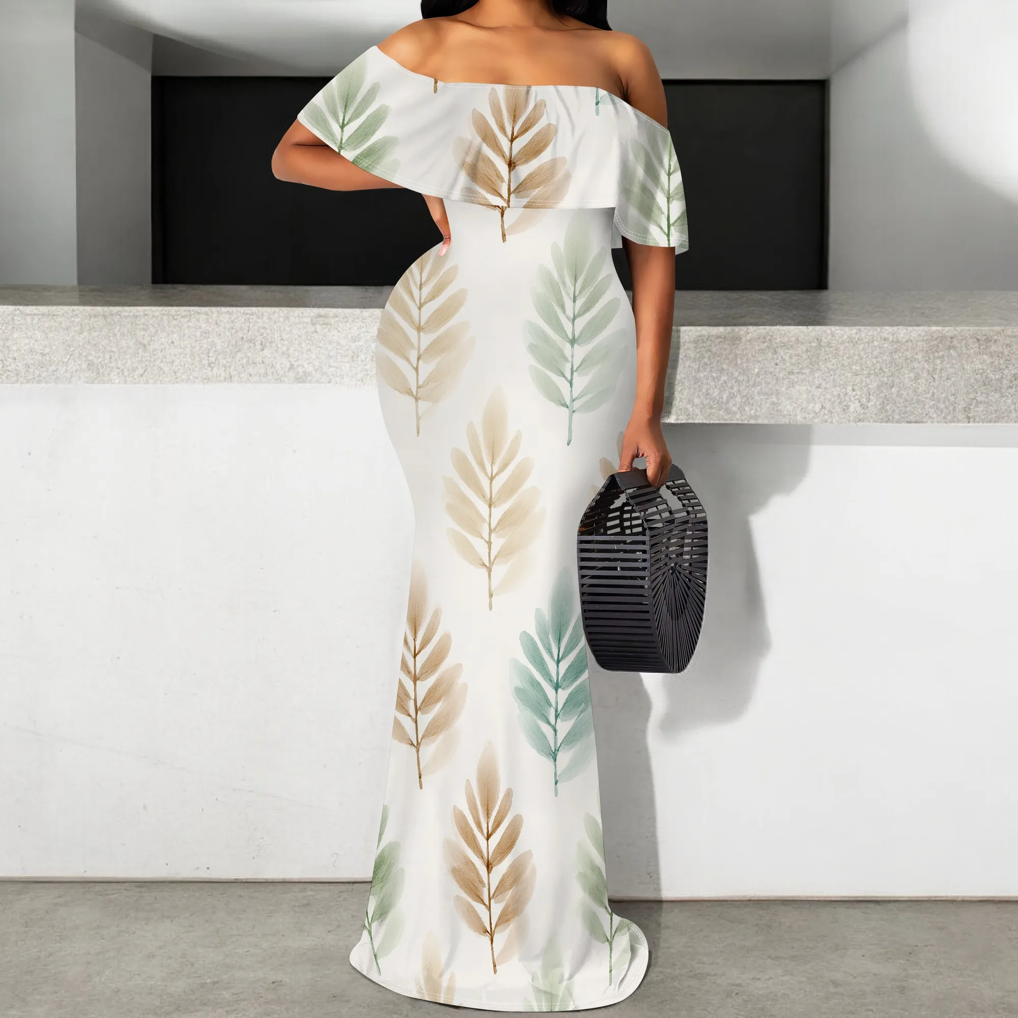 

Women's Off Shoulder Leaf Print Maxi Dress S-3XL Ruffle Bodycon Elegant Summer Resort Wedding Guest Party Long Gown