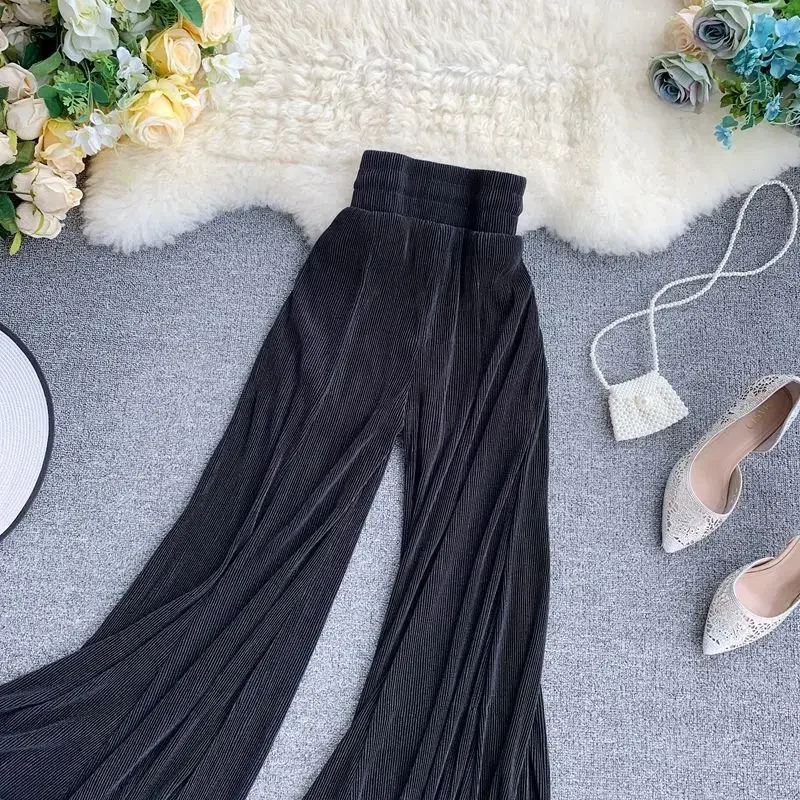 Women Pants 2021 Summer Lady Full Length Loose Gauze Elastic Waist Solid High Pleated Chiffon Women Pants Anti Mosquito Trousers