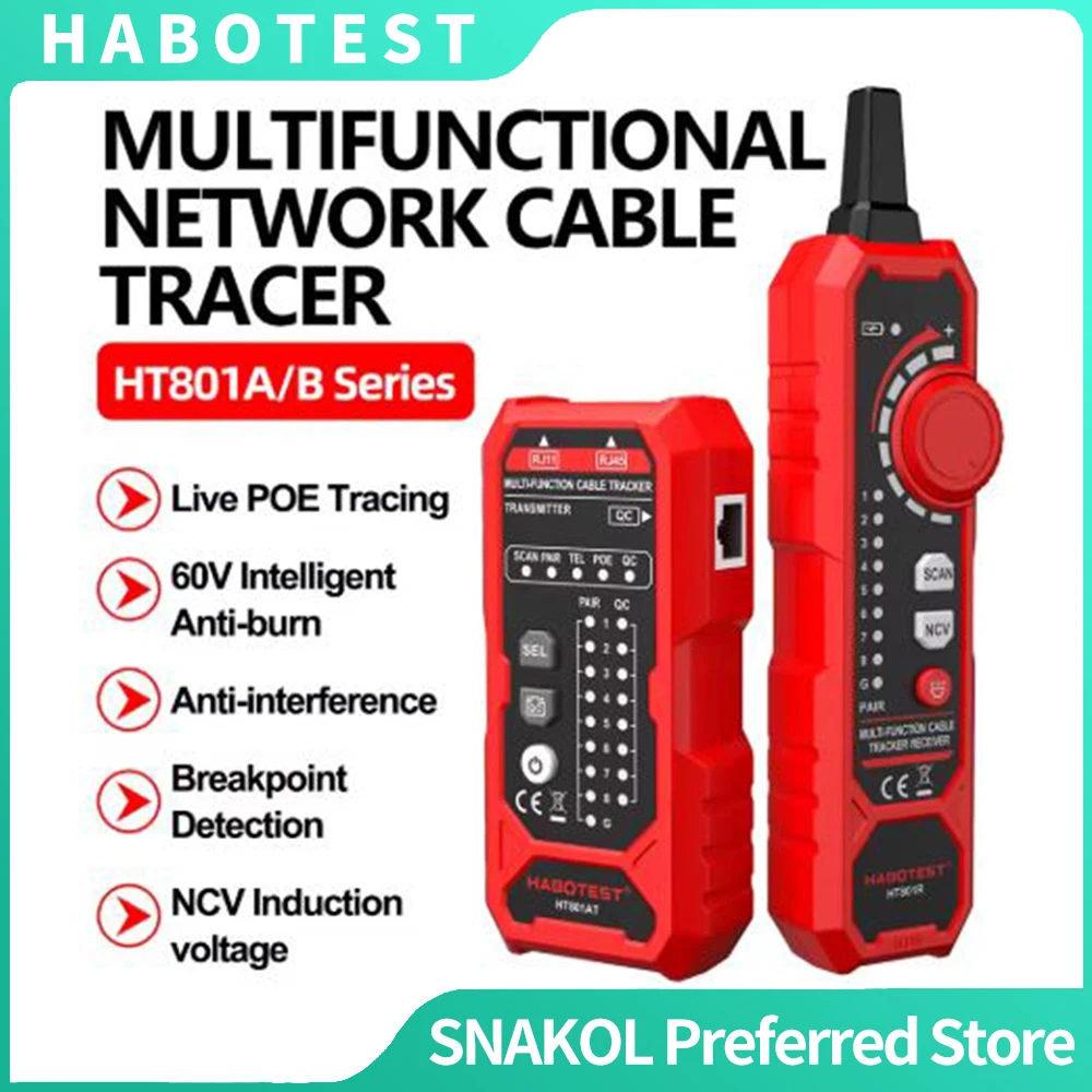 HABOTEST HT801 Network Cable Tester, RJ11 RJ45 Wire Tracker Line Finder, POE Checker Supports Cat5 Cat6 Ethernet Cable Testing