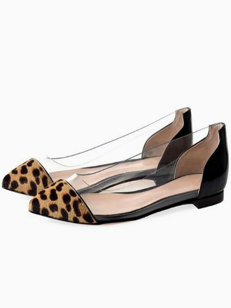 Leopard Horse Fur Transparent PVC Patchwork Pointed Toe Flats Shoes Women Low Top Shallow Slip On Leisure Loafers Walking Shoes