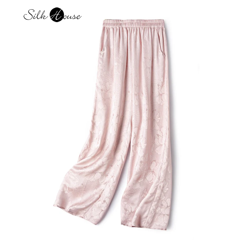 

2025 Women's Casual Autumn New Pink 100% Natural Mulberry Silk Flower Luo Elastic Waist Loose Casual Straight Pants