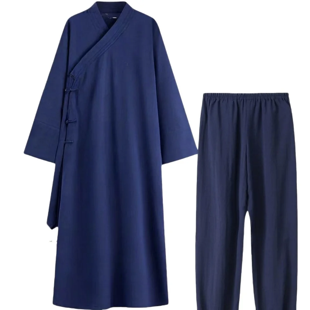 Taoist Robe Uniform Set Traditional Chinese Cross-collar Long Gown with Pants & Tao Hat Breathable Linen Meditation Costume