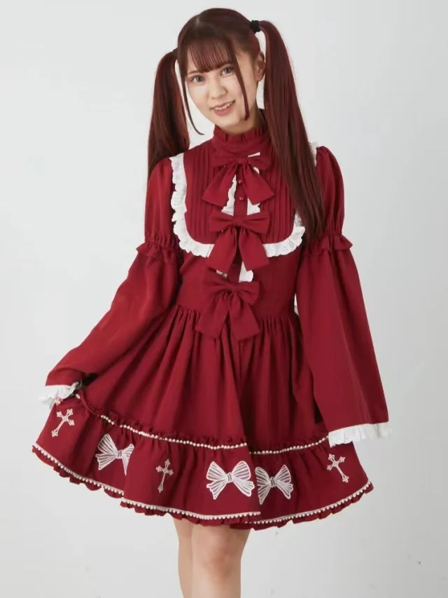 Japanese Mine Mass-produced Bow Printed Ruffles Bow Lolita Lolita Dress Girl Sweet  Autumn Fashion Elegant Long-sleeved Dresses