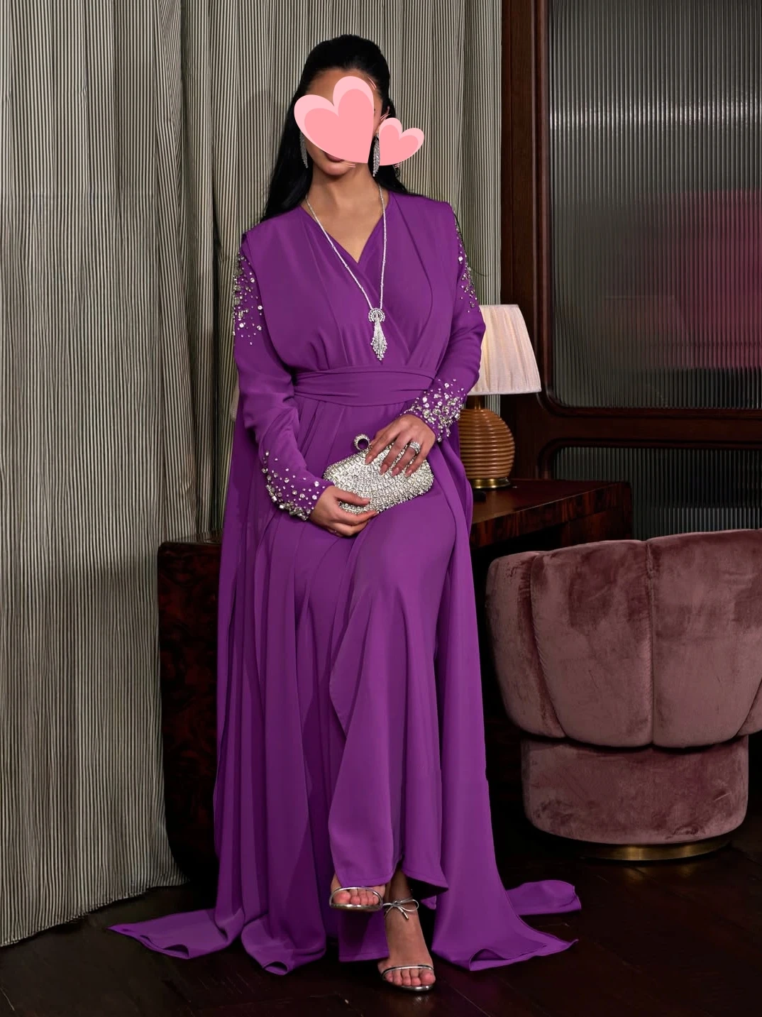 

Oisslec Prom Dress Elegant Vintage Sweet Purple Crystal Beads V-Neck Customized Formal Occasion Prom Dress Evening Party Gowns