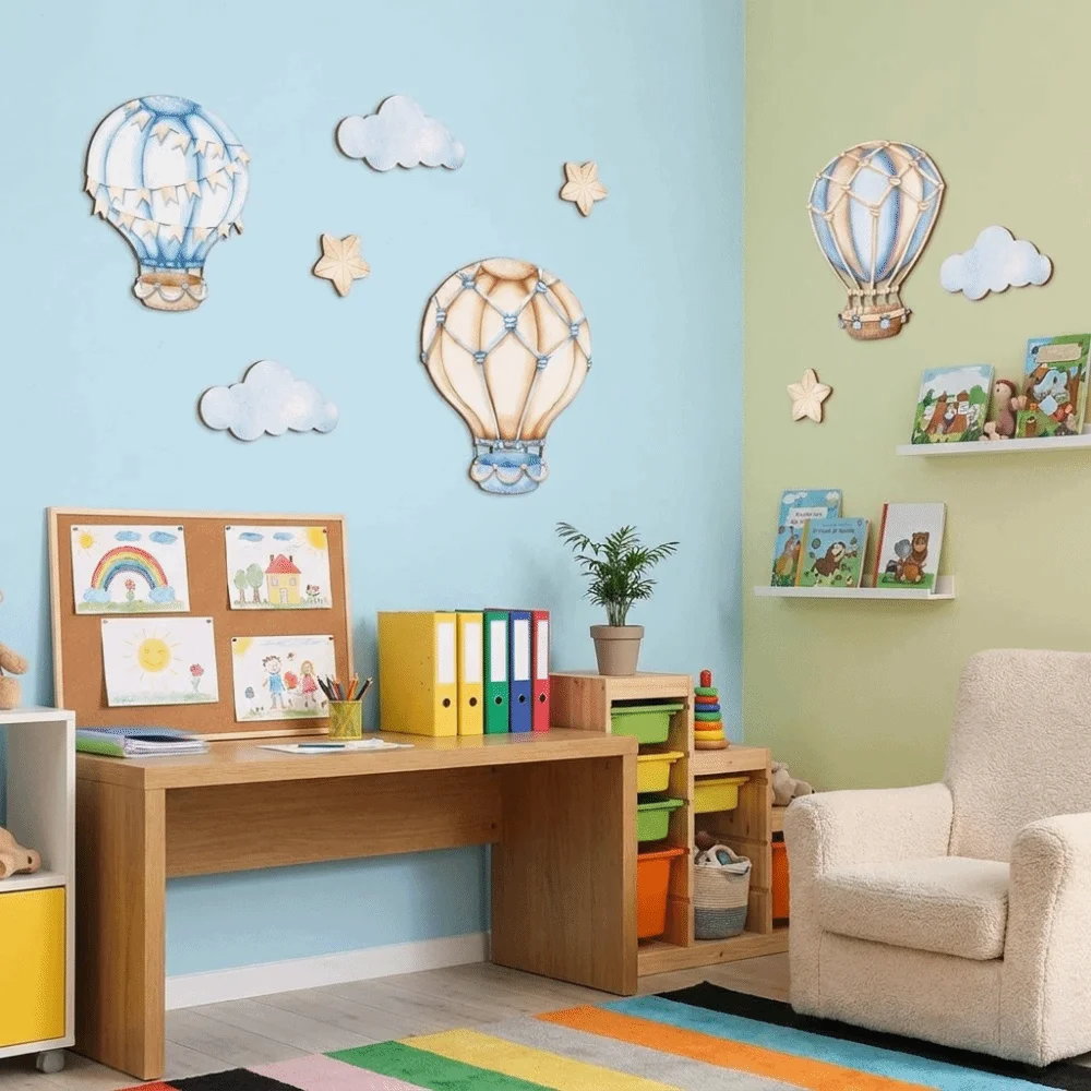 9PCS/SET 2D Flat Hot Air Balloon Wall Decor Cartoon Watercolor Wooden Cloud Star Wall Decor Vintage Nursery Wall Art Sticker